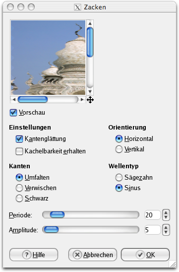 Eigenschaften für das Filter Zacken